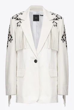 Vestes|PINKO Blazer En Cuir A Broderies Et Franges Blanc Soie