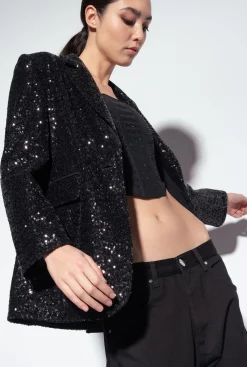 Vestes|PINKO Blazer Noir Entierement Paillete Galleria Noir Limousine
