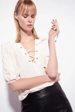 Chemises Et Blouses|PINKO Blouse A Lacets Rose Fume Blanc