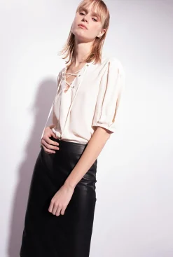 Chemises Et Blouses|PINKO Blouse A Lacets Rose Fume Blanc
