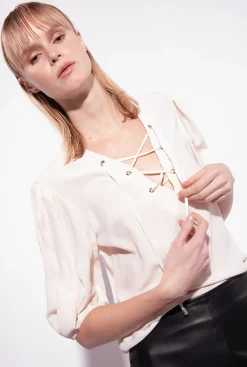 Chemises Et Blouses|PINKO Blouse A Lacets Rose Fume Blanc