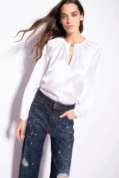 Chemises Et Blouses|PINKO Blouse A Manches Longues En Satin Stretch Blanc Brill.