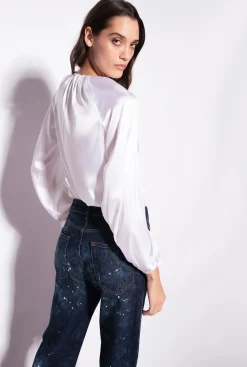 Chemises Et Blouses|PINKO Blouse A Manches Longues En Satin Stretch Blanc Brill.