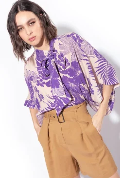 Tailleurs Et Ensembles|PINKO Blouse Facon Cape A Imprime Tropical Nude/Violet