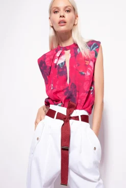 Topwear|PINKO Blouse Sans Manches A Imprime Hibiscus Multi.Fuchsia/Rose