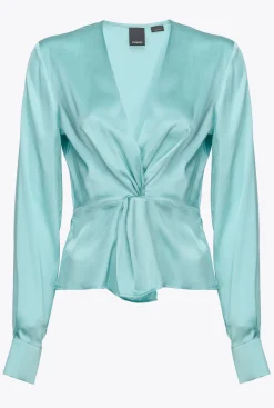 Tailleurs Et Ensembles|PINKO Blouse Torsadee En Soie Bleu Nil