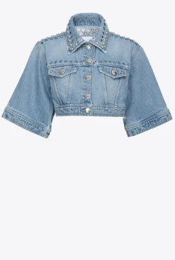 Vêtements D'extérieur|PINKO Blouson Crop En Denim A Strass Delavage Clair Moyen