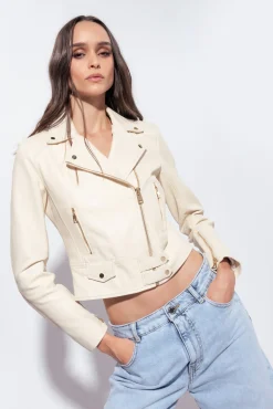Vêtements D'extérieur|PINKO Blouson De Motard En Cuir Nappa Rose Fume Blanc