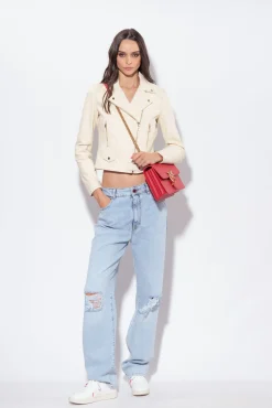 Vêtements D'extérieur|PINKO Blouson De Motard En Cuir Nappa Rose Fume Blanc