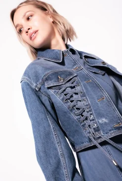 Vêtements D'extérieur|PINKO Blouson En Denim A Lacets Delavage Vintage Moyen