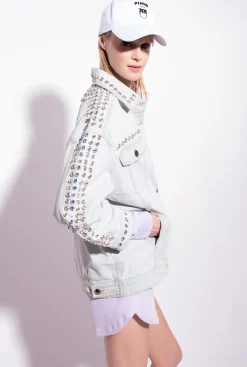 Vêtements D'extérieur|PINKO Blouson En Denim Avec Clous Et Strass Delavage Clair