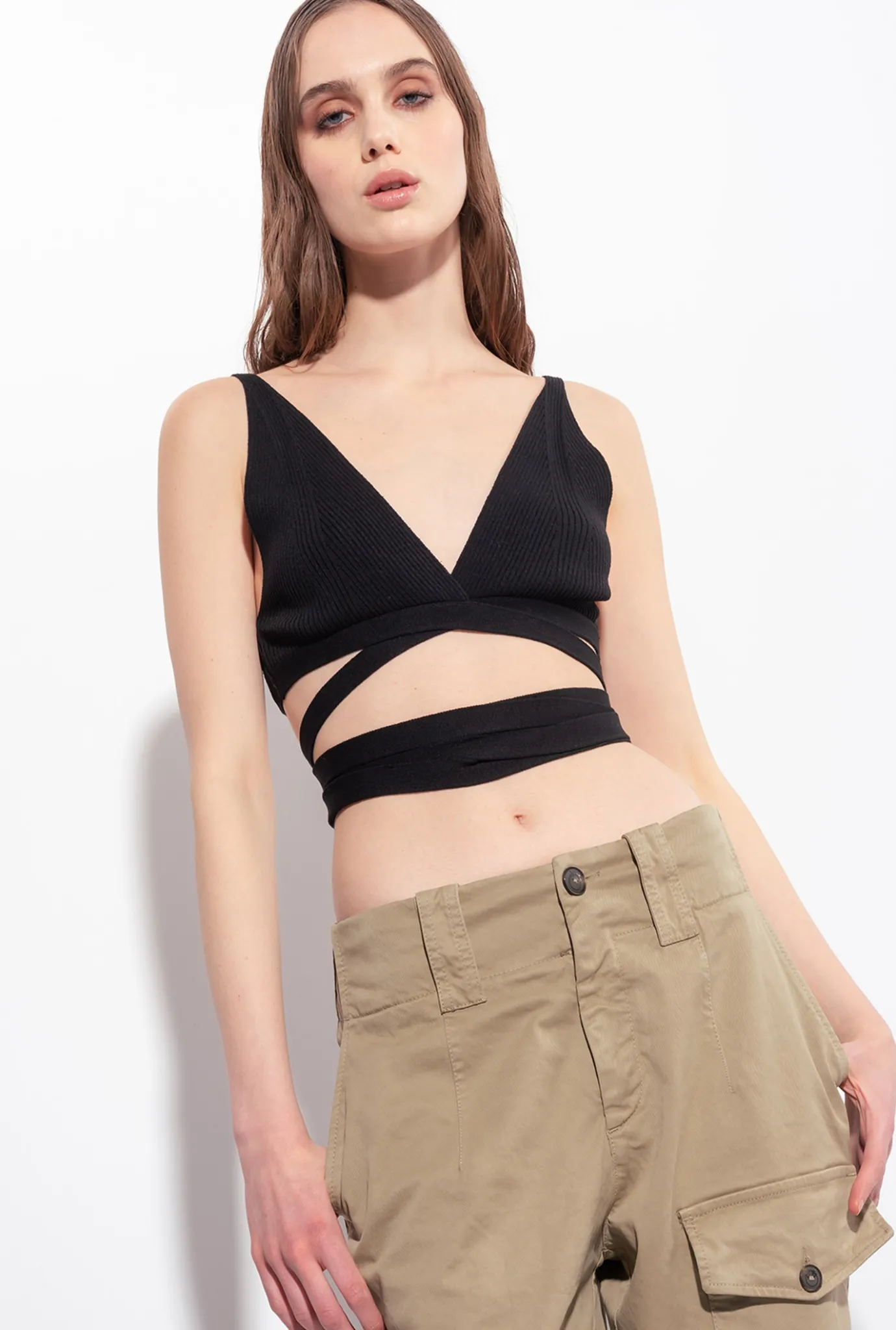 Topwear|PINKO Bralette En Maille Cotelee Noir Limousine