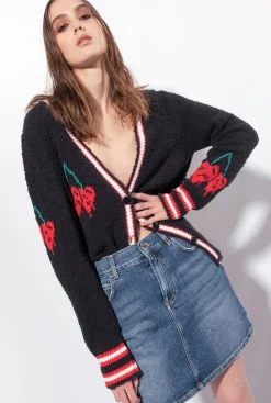 Pièces En Maille|PINKO Cardigan Avec Cerises En Intarsia Multi. Noir/Rouge