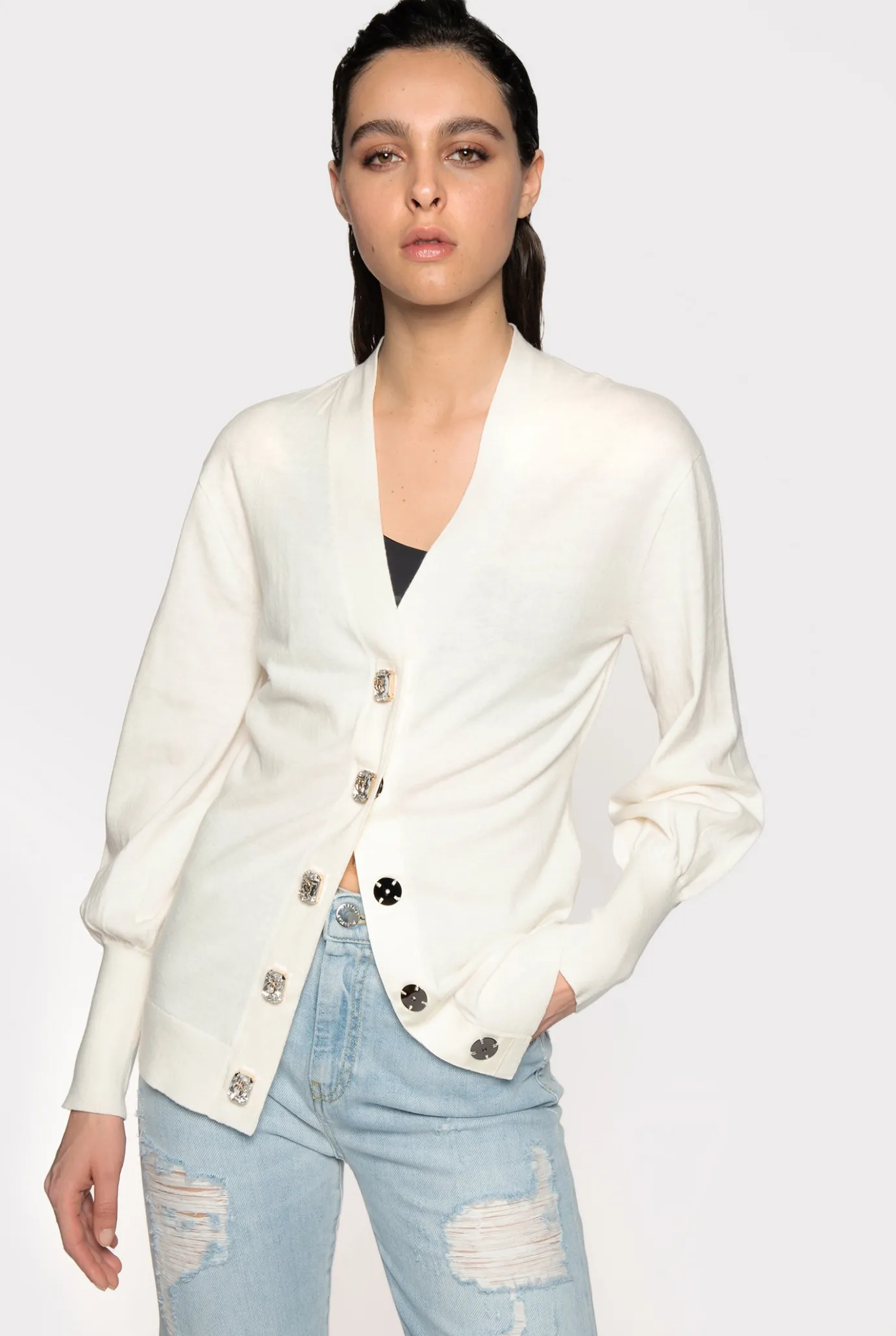 Pièces En Maille|PINKO Cardigan Confort A Boutons Bijoux Blanc Soie