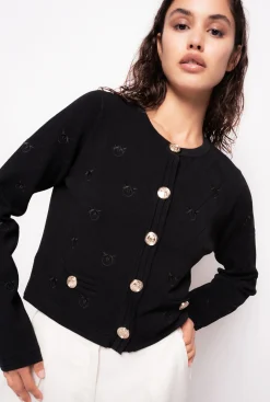Tailleurs Et Ensembles|PINKO Cardigan Court En Jacquard Love Birds Noir Limousine