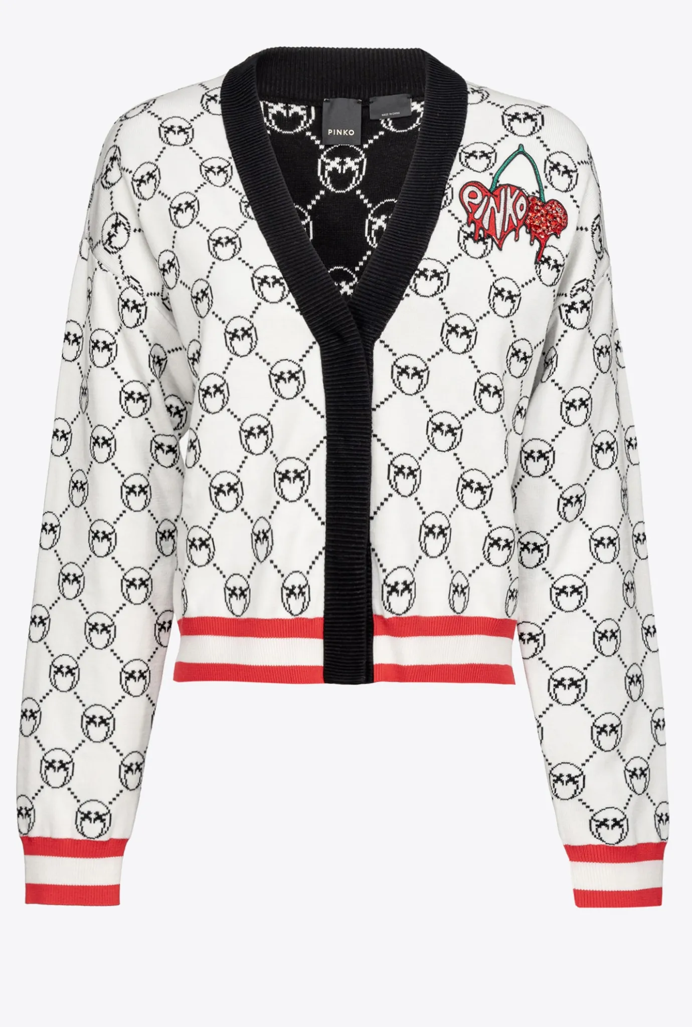 Pièces En Maille|PINKO Cardigan En Jacquard Monogram A Broderie Cerises Multi. Blanc/Noir/Rouge