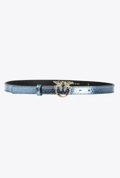 Ceintures|PINKO Ceinture Fine En Reptile Lame Galleria Bleu Clair-Or Brillant