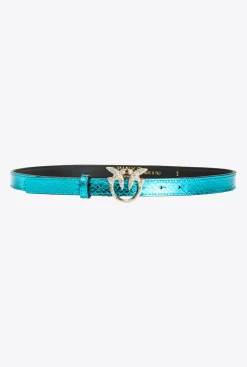 Ceintures|PINKO Ceinture Fine En Reptile Lame Galleria Petrole-Or Brillant