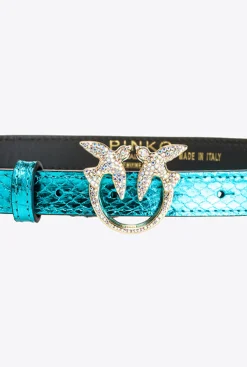 Ceintures|PINKO Ceinture Fine En Reptile Lame Galleria Petrole-Or Brillant