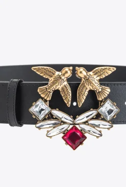 Ceintures|PINKO Ceinture Large Love Birds En Cuir Avec Bijoux Noir-Vieil Or