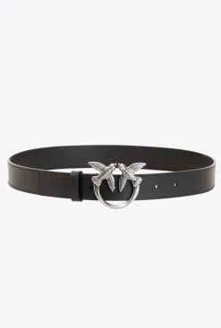 Ceintures|PINKO Ceinture Love Birds En Cuir Noir-Vieil Argent
