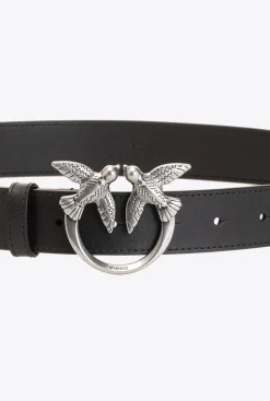 Ceintures|PINKO Ceinture Love Birds En Cuir Noir-Vieil Argent