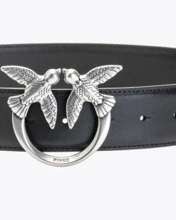 Ceintures|PINKO Ceinture Love Birds En Cuir Noir-Vieil Argent