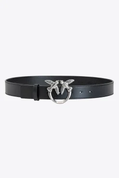Ceintures|PINKO Ceinture Love Birds En Cuir Noir-Vieil Argent
