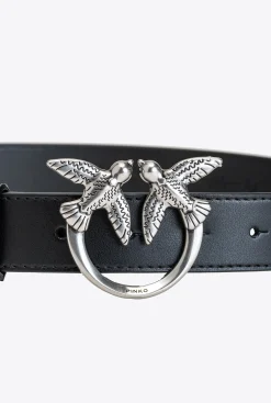 Ceintures|PINKO Ceinture Love Birds En Cuir Noir-Vieil Argent