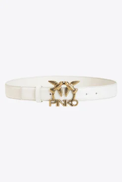 Ceintures|PINKO Ceinture Love Birds Logo En Cuir Blanc+Blanc-Or Antique