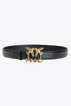 Ceintures|PINKO Ceinture Love Birds Logo En Cuir Noir-Vieil Or
