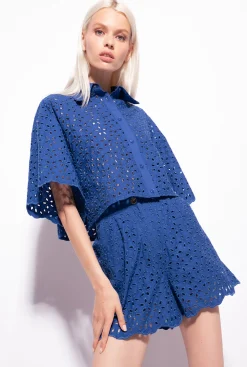 Tailleurs Et Ensembles|PINKO Chemise Courte En Broderie Anglaise Bleu Surf Sur Le Web