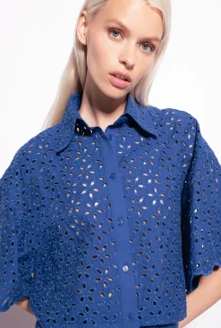 Tailleurs Et Ensembles|PINKO Chemise Courte En Broderie Anglaise Bleu Surf Sur Le Web