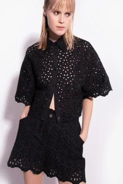 Chemises Et Blouses|PINKO Chemise Courte En Broderie Anglaise Noir Limousine