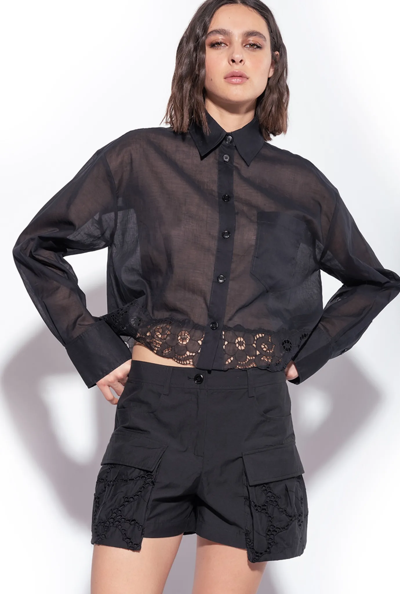 Chemises Et Blouses|PINKO Chemise Courte En Mousseline Noir Limousine