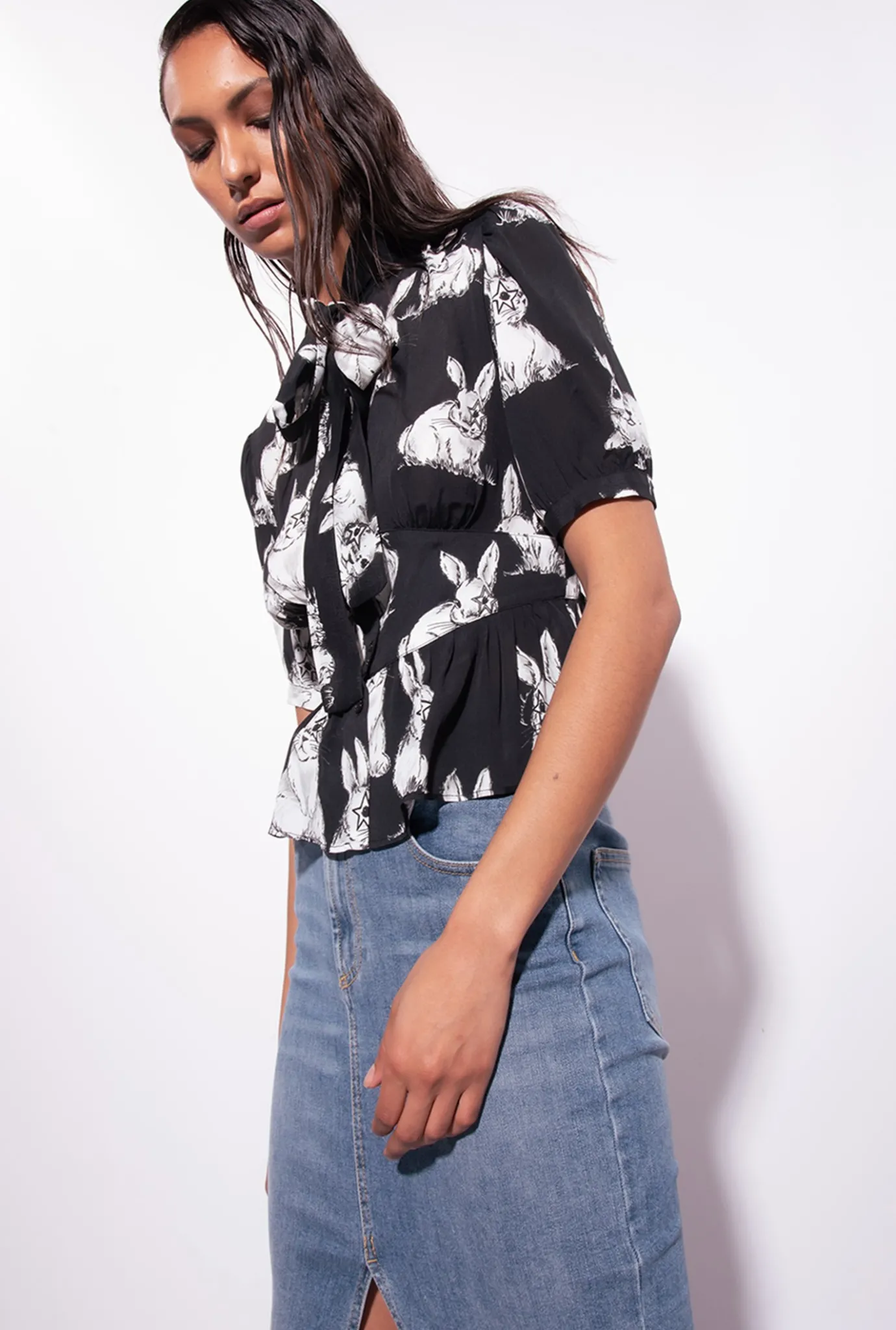 Chemises Et Blouses|PINKO Chemise Cropped A Imprime Lapin Noir/Gris/Blanc