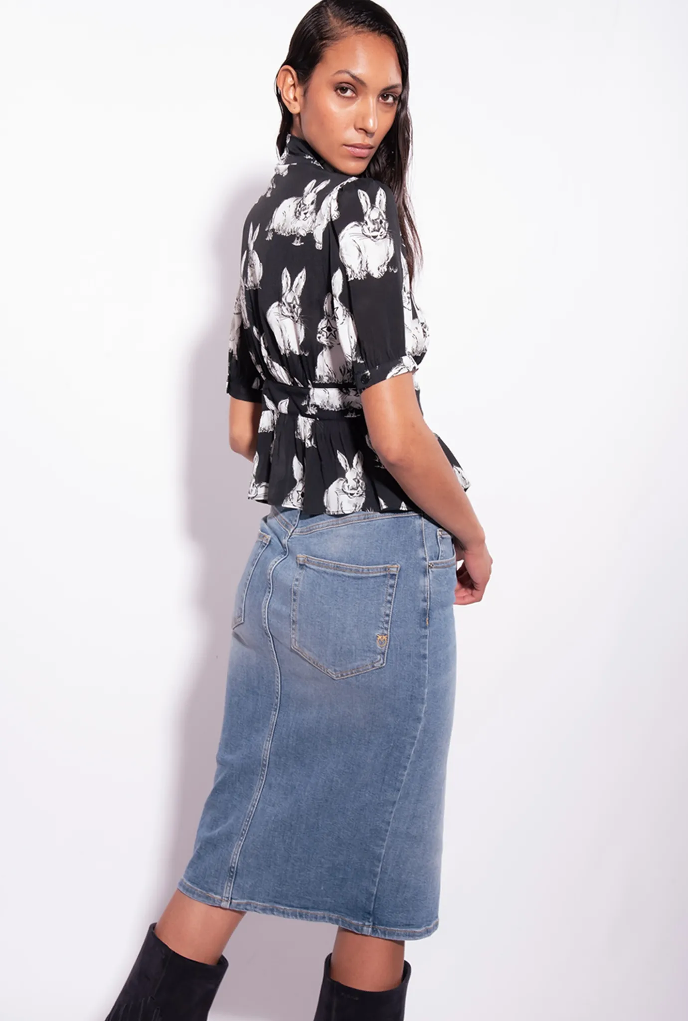 Chemises Et Blouses|PINKO Chemise Cropped A Imprime Lapin Noir/Gris/Blanc