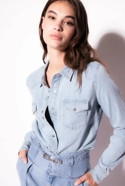 Chemises Et Blouses|PINKO Chemise En Denim Serge Leger Ombre Bleue