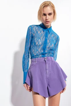 Tailleurs Et Ensembles|PINKO Chemise En Dentelle Florale Bleu Directoire