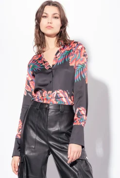 Chemises Et Blouses|PINKO Chemise En Satin A Imprime Tropical Multi. Noir/Rouge