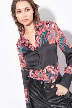 Chemises Et Blouses|PINKO Chemise En Satin A Imprime Tropical Multi. Noir/Rouge