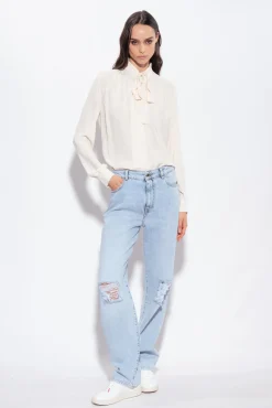 Chemises Et Blouses|PINKO Chemise En Soie Melangee A Col Lavalliere Rose Fume Blanc