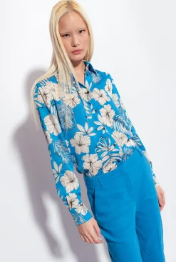 Chemises Et Blouses|PINKO Chemise Fleur Graphique Turquoise/Beurre/Noir