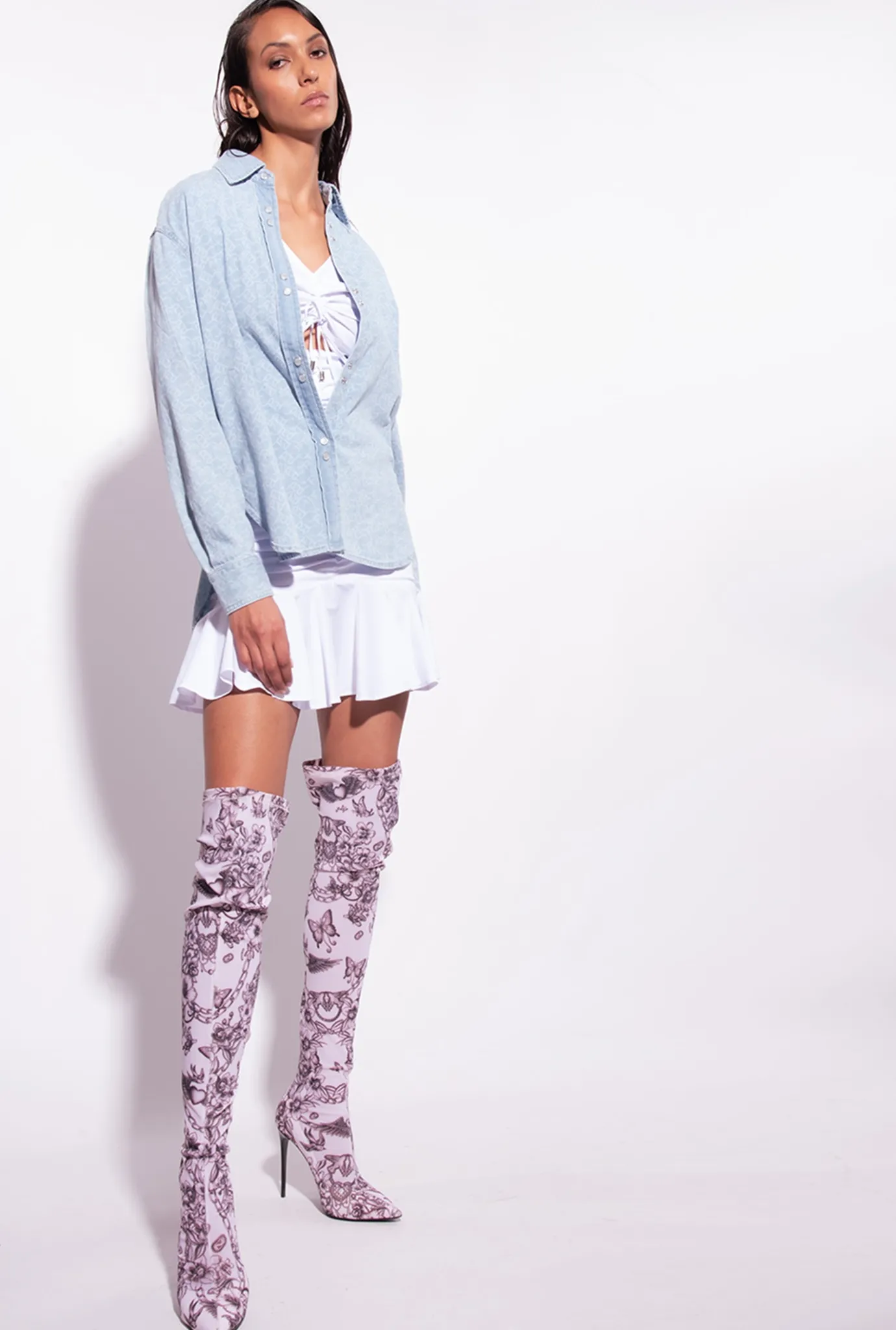 Chemises Et Blouses|PINKO Chemise Oversize En Denim Imprime Au Laser Blanc/Azur