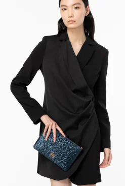 Sacs De Soirée|PINKO Classic Flat Love Bag A Paillettes Bleu Clematite-Or Antique