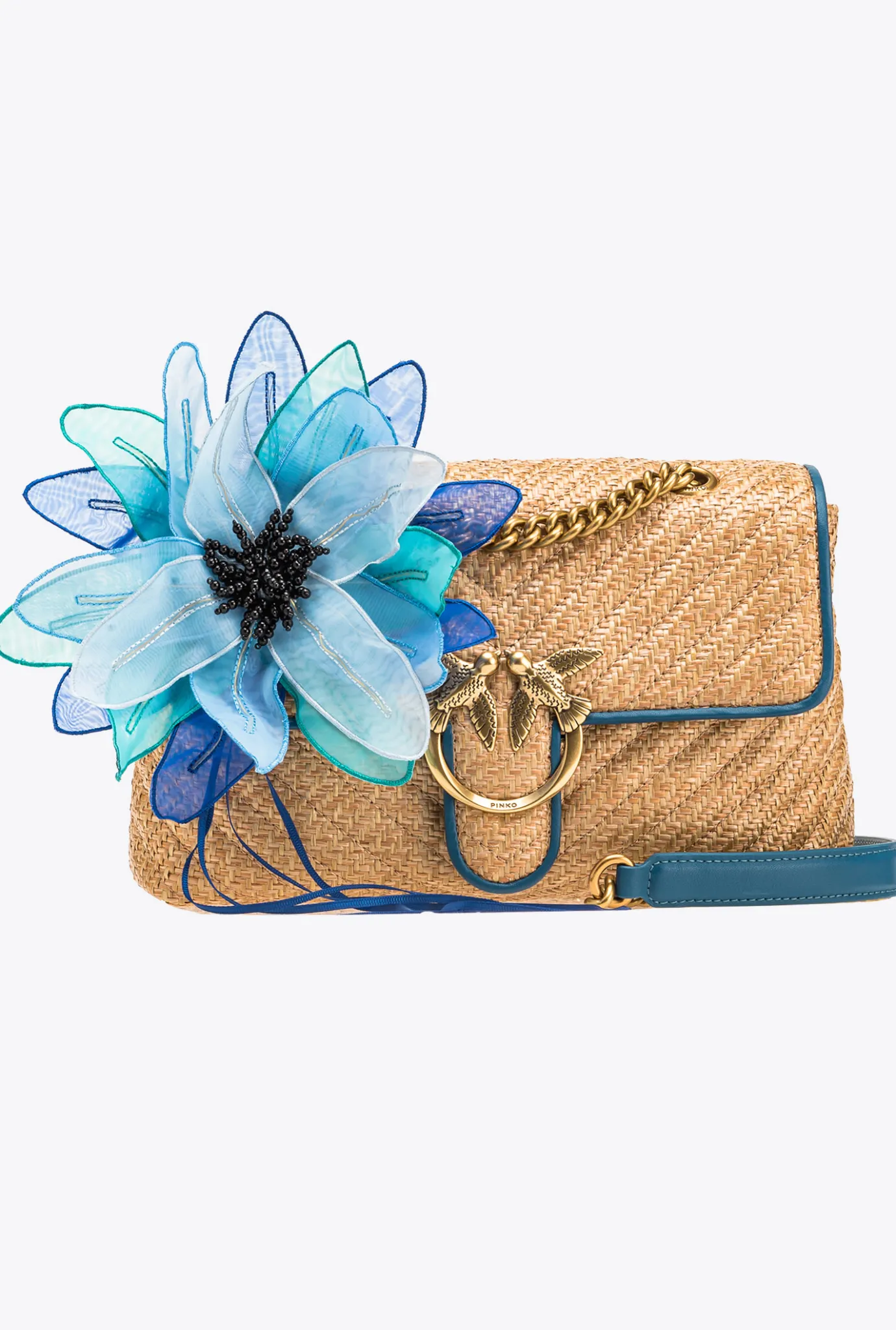 Sacs À Bandoulière|PINKO Classic Lady Love Bag Puff Avec Fleur En Organza Bleu Raphia-Or Antique