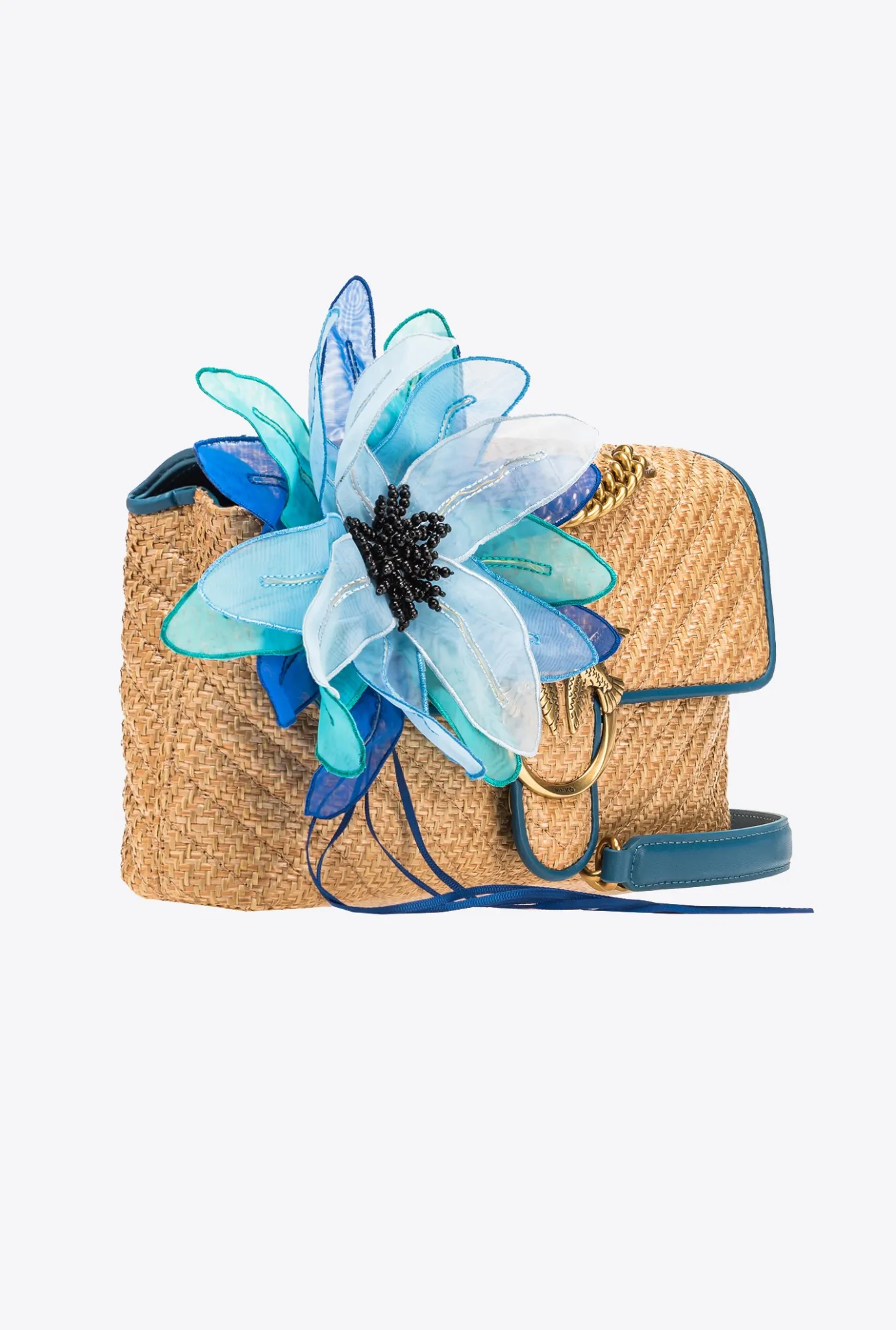 Sacs À Bandoulière|PINKO Classic Lady Love Bag Puff Avec Fleur En Organza Bleu Raphia-Or Antique