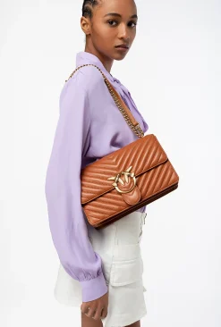 Sacs Portés Épaule|PINKO Classic Love Bag One Chevron Cognac-Or Antique