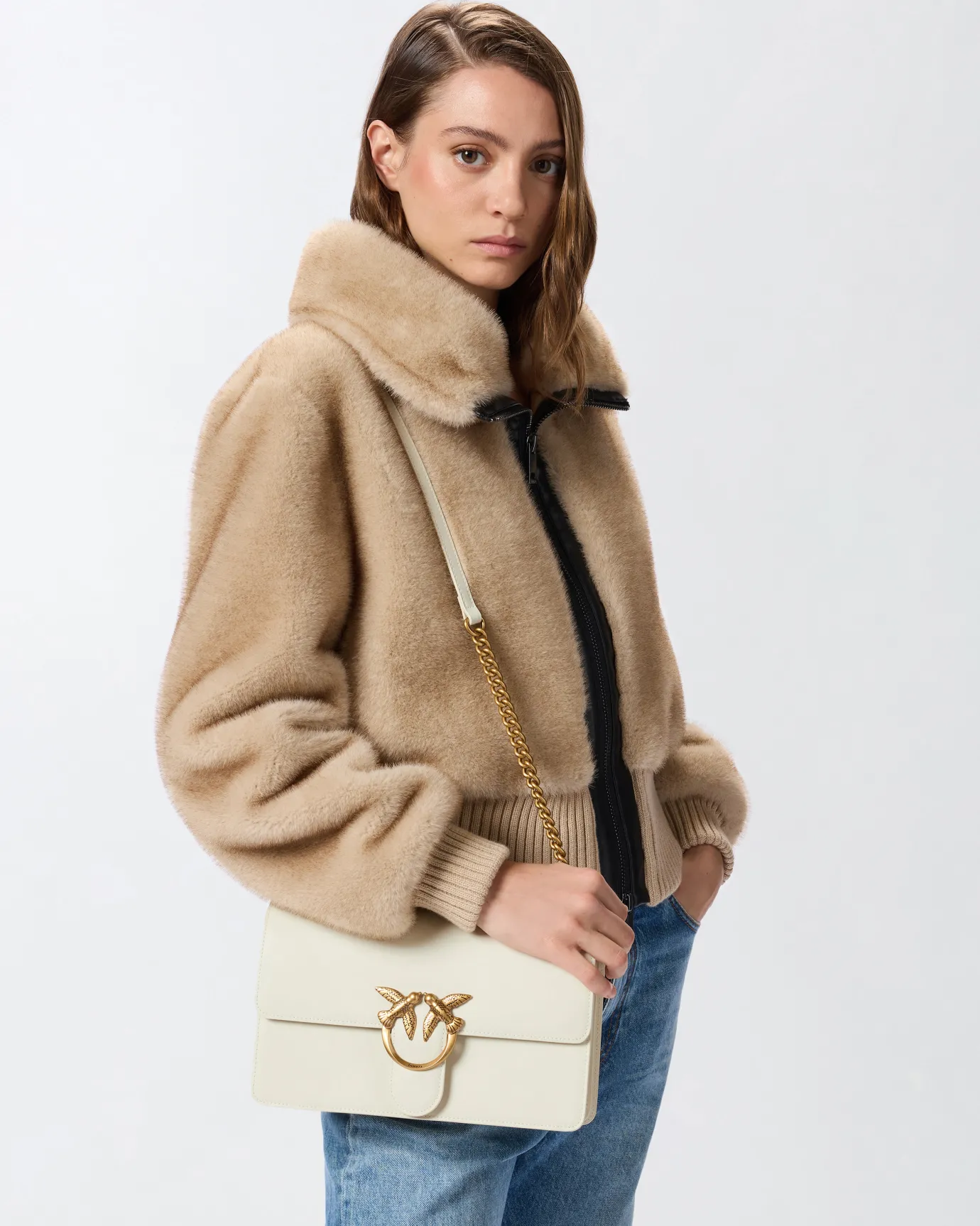 Sacs Portés Épaule|PINKO Classic Love Bag One Simply Blanc+Blanc-Or Antique