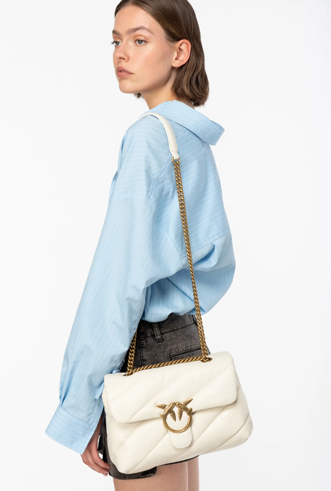 Sacs Portés Épaule|PINKO Classic Love Bag Puff Maxi Quilt Blanc+Blanc-Or Antique